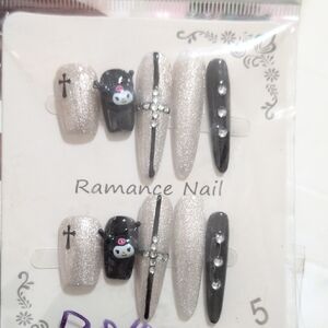 Glitter and Black Nail Set with Cute Bear Design